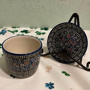 POLISH POTTERY Floral Patterned Cup and Coaster Set